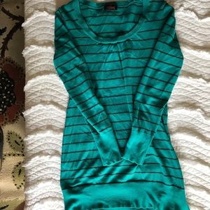 Long teal and brown sweater